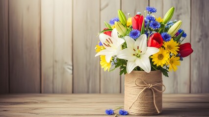 Vibrant bouquet of flowers in a wicker vase on wooden table