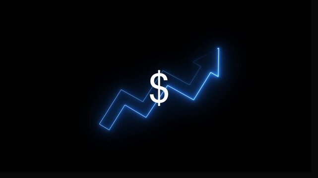 Money increases icon, dollar rate increase stretching arrow up icon .Glowing up arrow with dollar sign. Glowing neon line of dollar sign icon and up arrow isolated on transparent .4k Animation.