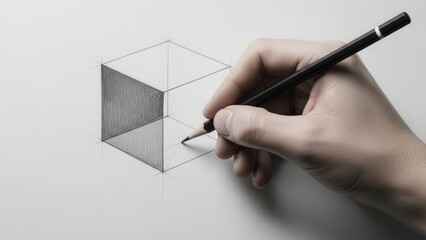 Hand Drawing Isometric Cube with Pencil on White Paper