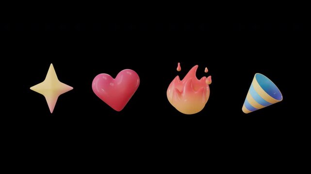 3d render emoji sparkles star, party popper, love, and flame icon social media isolated element with alpha channel transparent background