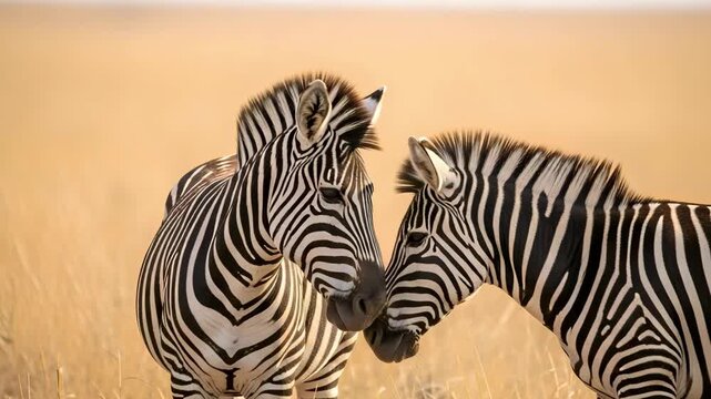 Two zebras interacting in a dry savannah landscape