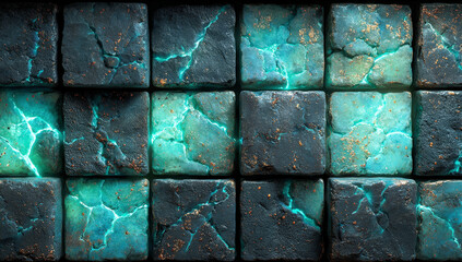 Abstract grid of glowing teal and black stone squares with electric lightning cracks