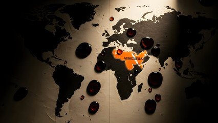 A conceptual flat lay composition depicting the strained relationship between the USA and Venezuela, featuring torn flag papers, handcuffs, a bullet, and white powder, representing diplomatic conflict