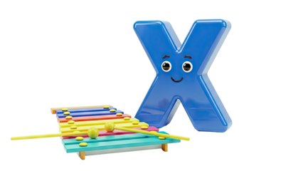 Blue Letter X Character with Colorful Xylophone