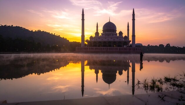 A mosque stands majestically on the lake's edge as the sun rises, casting a beautiful reflection