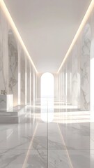 Long marble hallway with arches and soft lighting, leading to bright exit