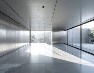 Modern, minimalist interior with expansive windows and mountain view