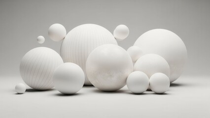 Abstract 3D Render: Group of White Spheres and Orbs on a Light Gray Background