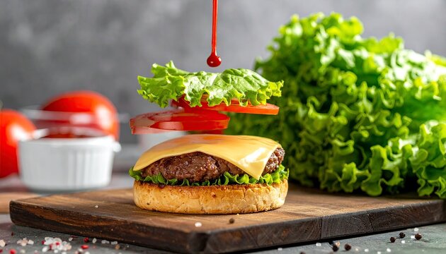 Delicious burger assembly with dripping sauce on a wooden board.