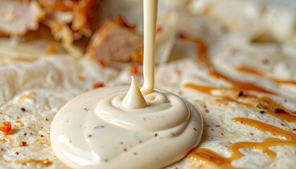 Sauce pouring on flatbread with chicken, close up food shot