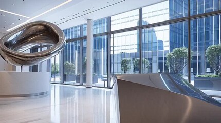 Light streams through the glass windows of a modern airport interior where an escalator descends into an empty business hall with polished floors and contemporary architecture