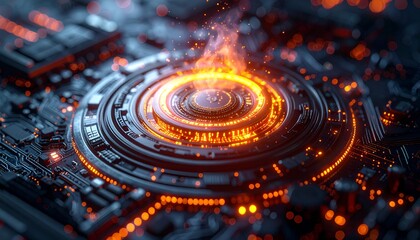 Close-up of glowing circuit board with orange light and smoke effects