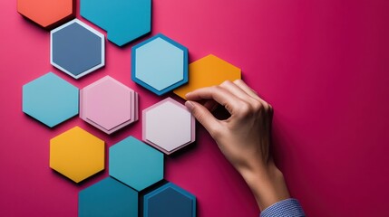 Hand placing a colorful hexagonal tile, symbolizing strategic connection, collaborative problem-solving, and the formation of a cohesive solution for business development and innovation