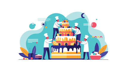 A team of miniature chefs collaborating to decorate a giant, multi-tiered celebration cake with fruits and frosting, symbolizing teamwork in the culinary arts.