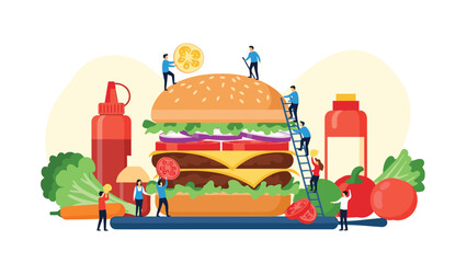 Naklejka premium A team of miniature people working together to build a giant, delicious hamburger, adding fresh ingredients like lettuce, tomato, and cheese.