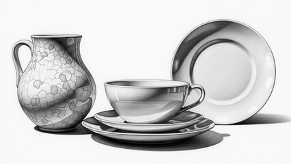 Pencil Sketch Still Life: Elegant Teacup, Saucer, and Decorative Vase on White Background
