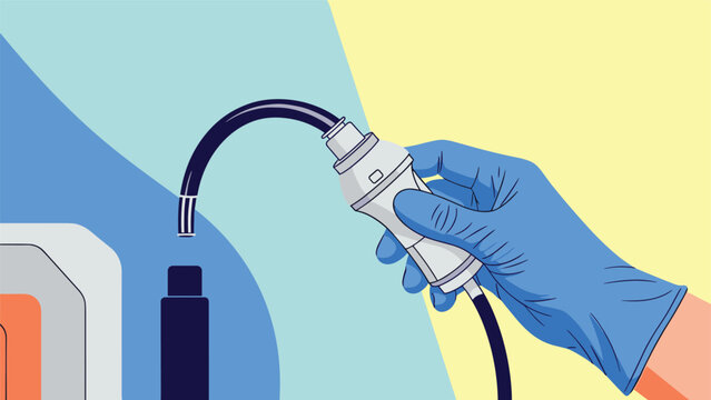A medical professional's gloved hand holding a flexible endoscope camera, preparing for a diagnostic procedure with specialized medical equipment in a clinic.