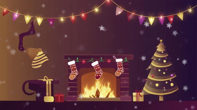 Christmas holiday scene. Vector illustration of fireplace with stockings. Christmas tree and decorations. Winter festive background. Snowflakes and stars. Colorful bunting lights. Cozy