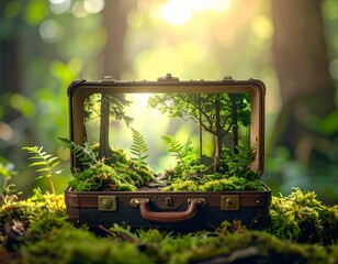 A vintage suitcase reveals a miniature lush forest scene, illuminated by sunlight