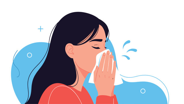A young woman with a cold or allergy sneezing into a tissue, illustrating symptoms of seasonal flu, rhinitis, or respiratory illness.
