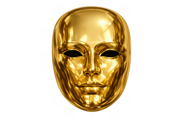 Golden mask illustrating concepts of identity, anonymity, drama, and luxury with a reflective texture on transparent background