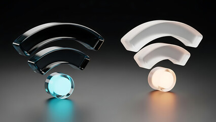 glowing wifi signal symbols with glossy and frosted finishes representing wireless internet connectivity for modern communication technology and digital service design