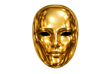 Golden theater mask representing anonymity, disguise, mystery, and luxury, isolated with transparent background
