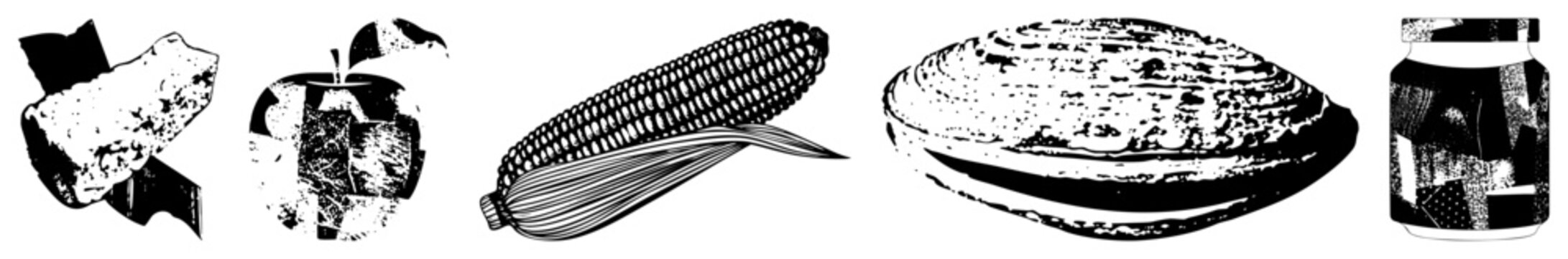 Grunge Textured Food Items with Distressed Halftone