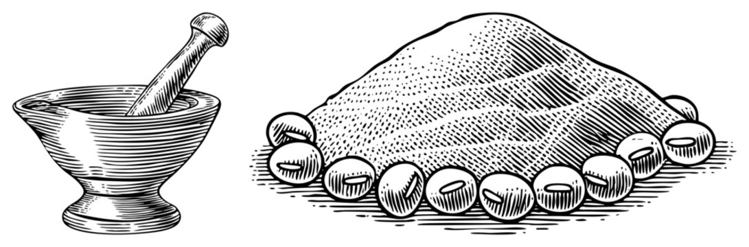 Traditional Mortar and Pestle with Coffee Beans and Ground Coffee