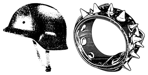 Vintage Military Helmet and Punk Ring in Halftone Vector Design