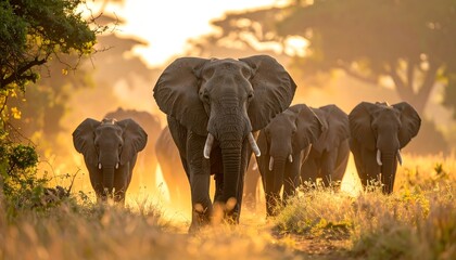 Obraz premium A herd of majestic pachyderms walk towards the viewer in golden sunlight, showcasing tusks and trunks in the open savanna