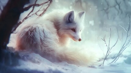 Arctic Serenity: A White Fox Contemplating Winter's Embrace within a Snowy Wilderness Scene, Embracing a Dreamy Softness