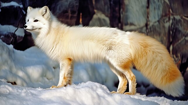 Arctic Majesty: A White Fox Standing Proudly in a Snowy Landscape, its Fur Shimmering with Subtle Hues