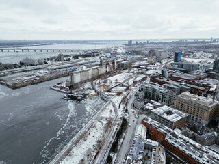 Winter view of Old Port City waterfront park with an entertainment venue. Montreal, Canada