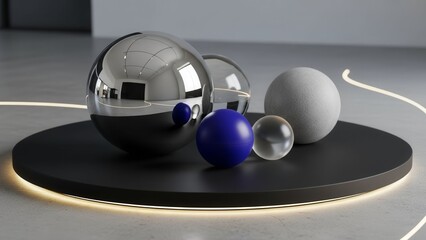 Abstract Spheres: Shiny Chrome, Matte Stone, Blue, and Glass Balls on Pedestal