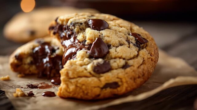 Close up of a broken chocolate chip cookie revealing melting chocolate inside with warm lighting rich textures and details on a rustic brown background