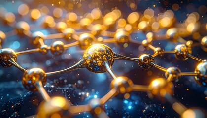 Close-up view of a microscopic, glowing molecular structure with spheres connected by curved lines, set against a blurred blue background