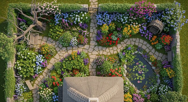 Photorealistic aerial rendering of an intricate cottage garden design overflowing with colorful blossoms