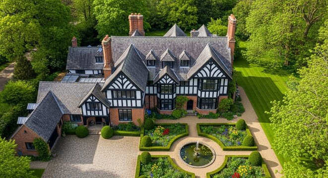 Photorealistic aerial view of a grand Tudor manor house and its beautiful formal gardens