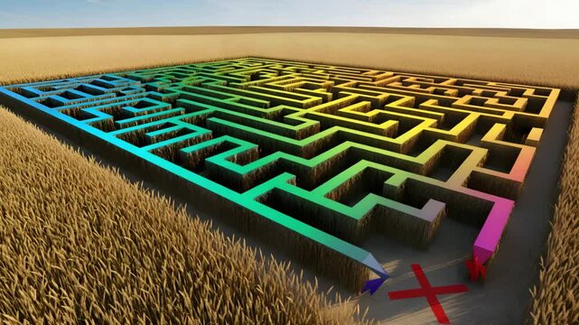 Vibrant rainbow maze in wheat field with challenging paths