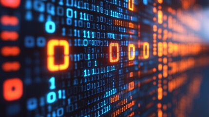 Close up view of glowing green binary code scrolling on a dark computer screen representing data.