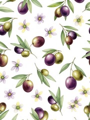 瑞々しいオリーブの実と花の美しい水彩パターン、ナチュラルな背景素材