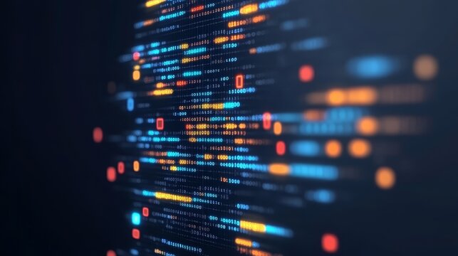 Close up view of glowing green binary code numbers displayed on a dark computer screen. - Powered by Adobe