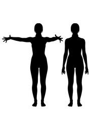 全身シルエット図：正面と背面、女性の体型を示すシンプルな黒色イラスト