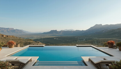 Infinity pool overlooking desert valley and distant mountain range sunrise with serene luxury