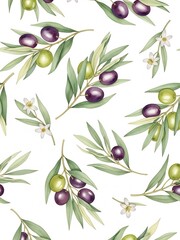 水彩画風オリーブの枝と葉、白い背景に配置された花柄イラスト
