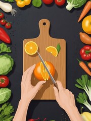 オレンジを切る手元、新鮮野菜に囲まれた明るいキッチン風景のイラスト