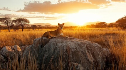 African Lioness Resting Atop Rocky Outcrop, Grasland Savannah at Golden Sunset in Serene Wilderness Landscape, Majestic Predator