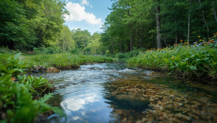 Obraz premium Lush green forest stream with wildflower meadow and gentle flowing water