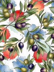 水彩背景に描かれたオリーブの枝と実の美しいパターンイラスト